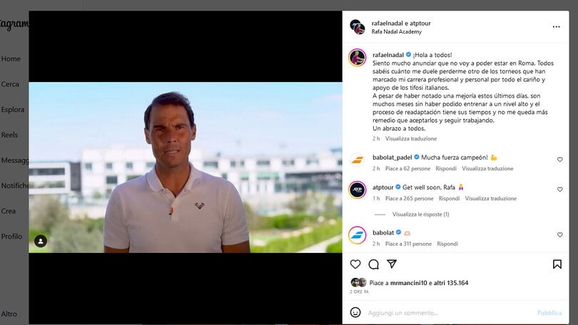 Tennis, niente Internazionali d'Italia per Nadal