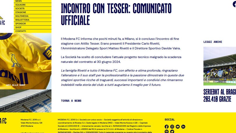 Modena-Tesser, è ufficiale l'addio