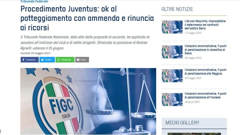 Juve, la sentenza: 718mila euro di multa, no punti di penalizzazione