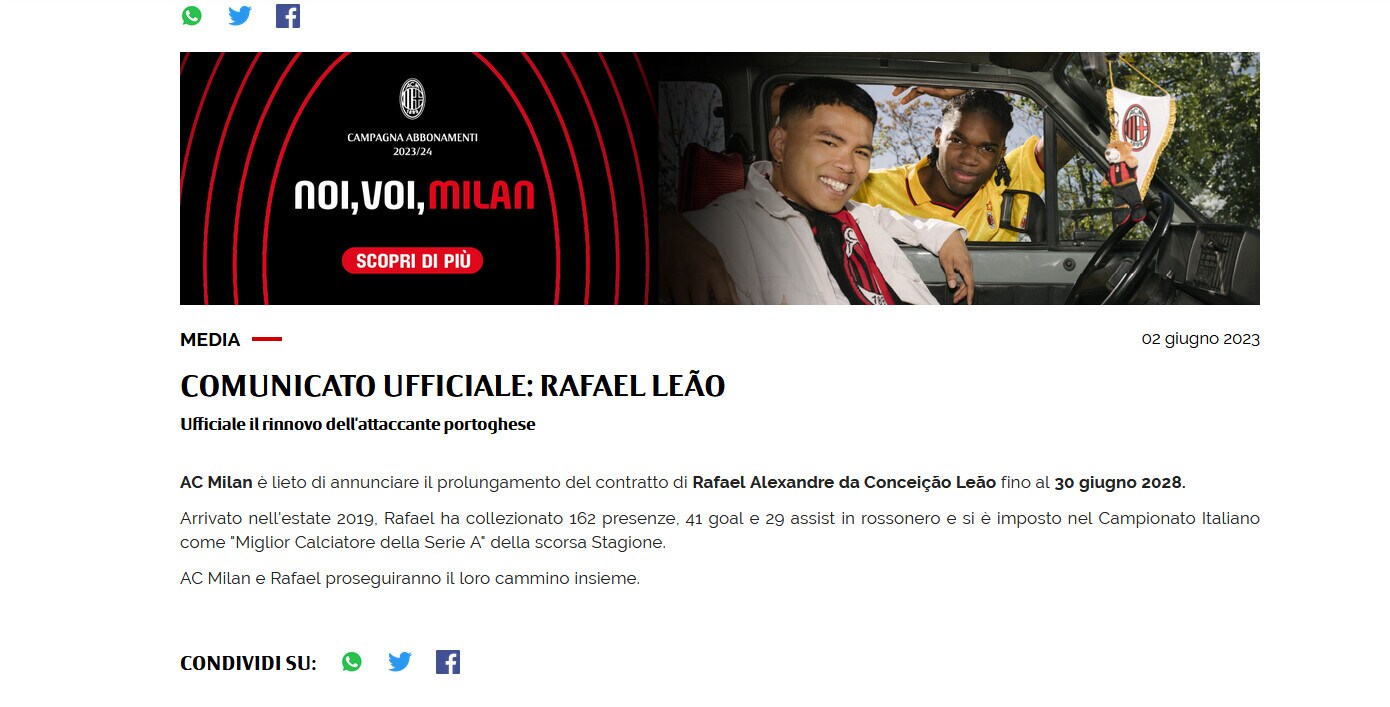 Ufficiale, Milan: rinnovo fino al 2028 per Leao