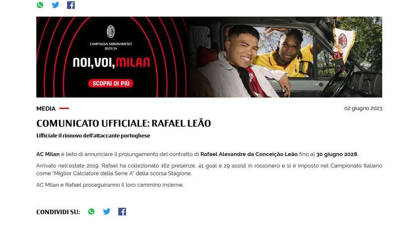 Ufficiale, Milan: rinnovo fino al 2028 per Leao
