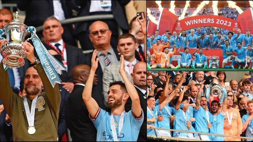 Manchester City, festa dopo il trionfo in FA Cup: Guardiola alza la coppa