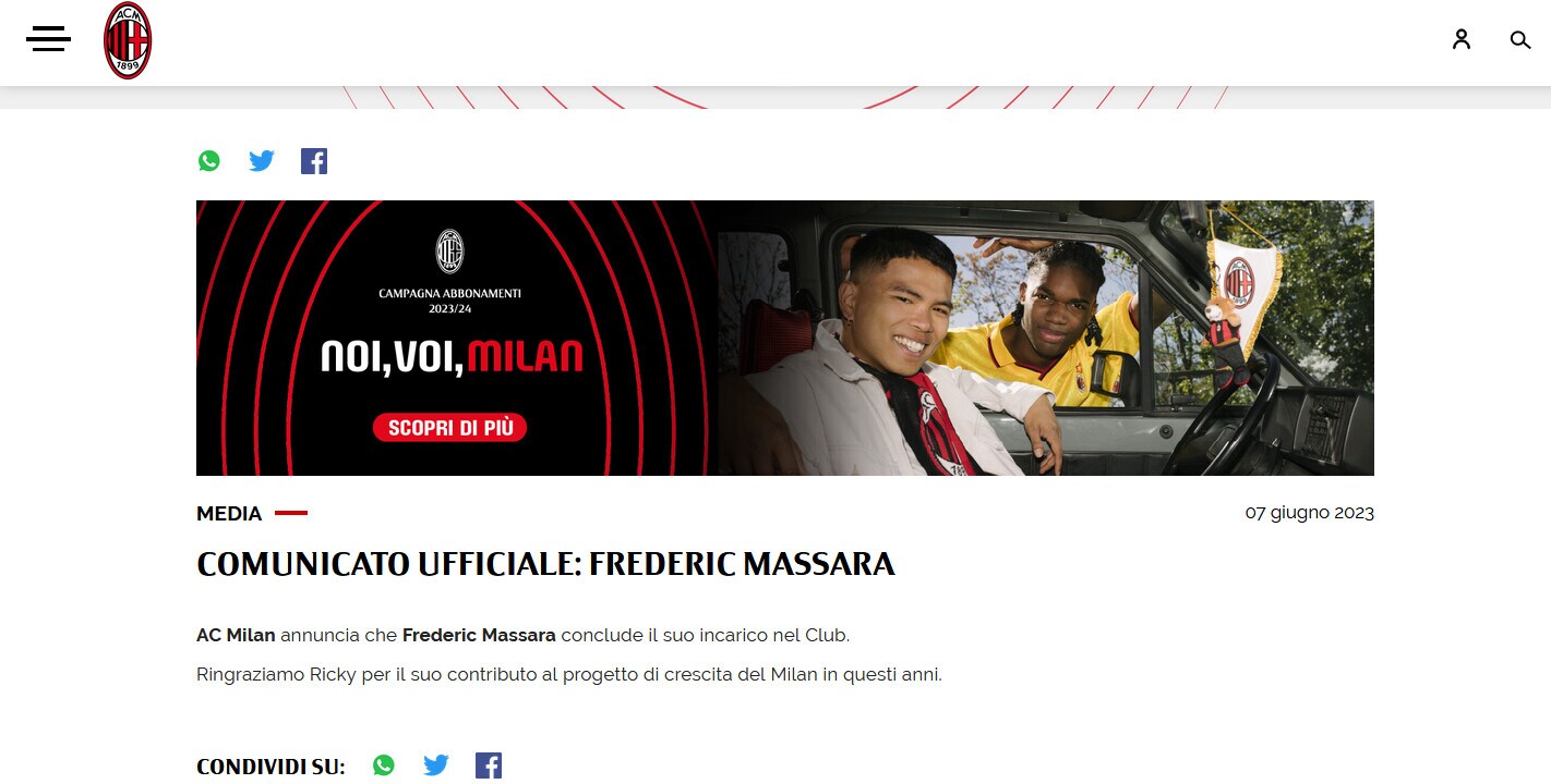 Ufficiale, Milan: è divorzio con Massara