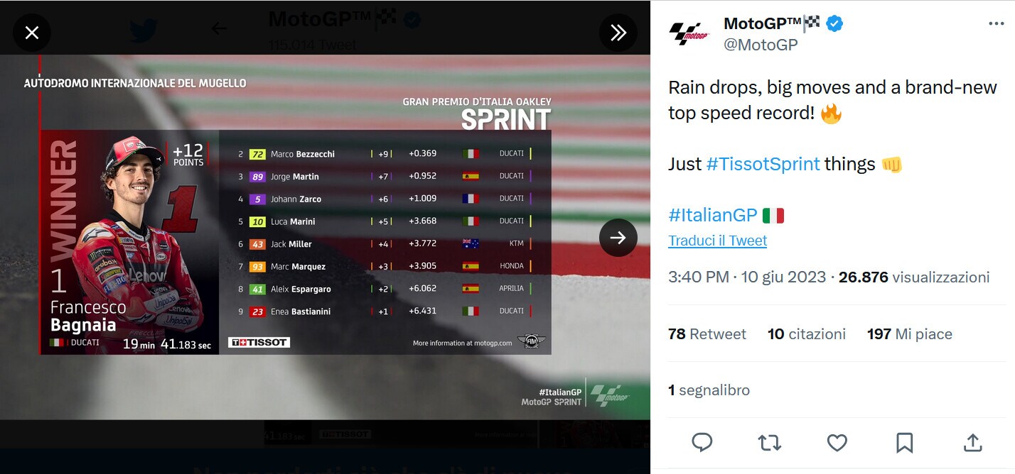 MotoGP, Sprint Mugello: il Re è Bagnaia, 2° Bezzecchi e 3° Martin