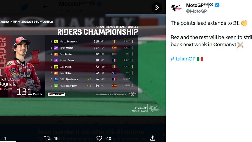 Moto Gp, Mugello: Bagnaia trionfa, Martin 2° e Zarco 3°