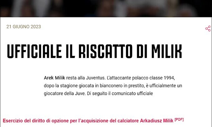 Ufficiale, Juve: Milik è bianconero