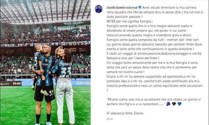 Inter, l'addio di D'Ambrosio: "Non è stato possibile chiudere qui la carriera"
