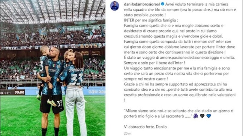 Inter, l'addio di D'Ambrosio: "Non è stato possibile chiudere qui la carriera"