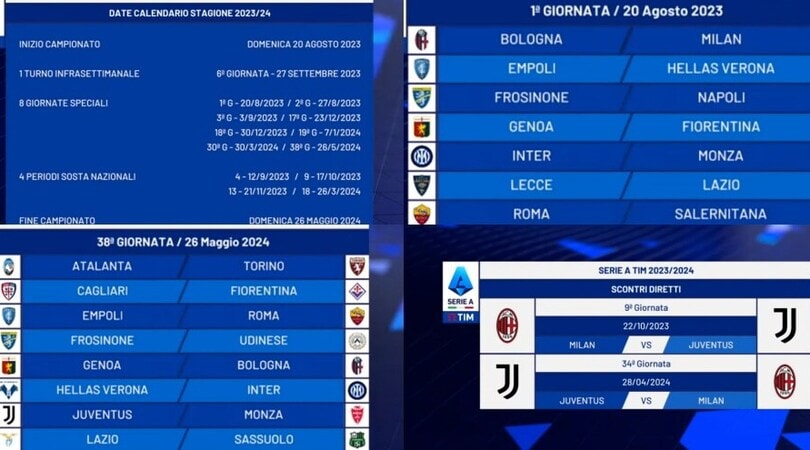 Serie A, il calendario 2023/24: le giornate e gli scontri diretti