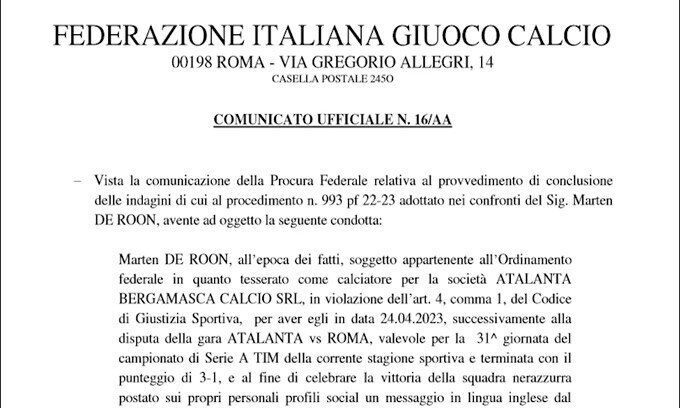Post contro la Roma, la Figc multa De Roon