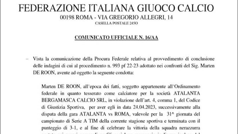 Post contro la Roma, la Figc multa De Roon