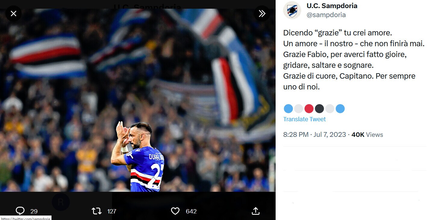 Il saluto della Samp a Quagliarella: "Grazie di cuore, Capitano"