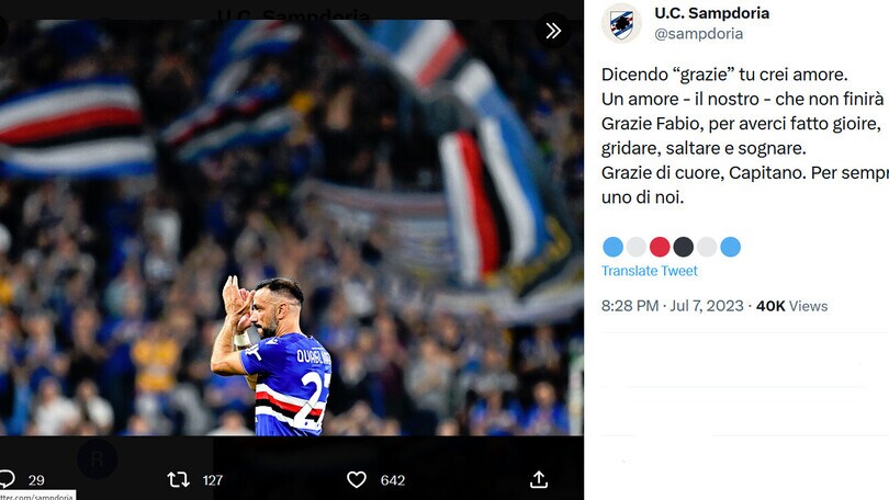 Il saluto della Samp a Quagliarella: "Grazie di cuore, Capitano"