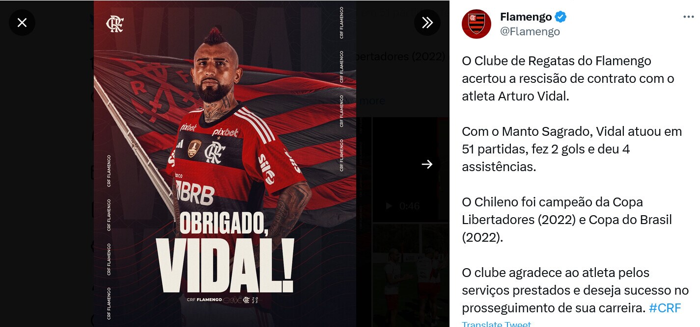 Ufficiale: il Flamengo e Vidal si separano