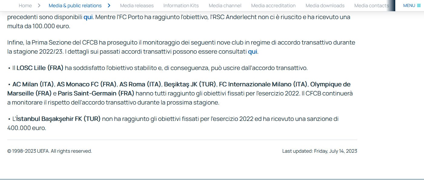 Uefa, Fair Play Finanziario: Inter, Milan e Roma ok
