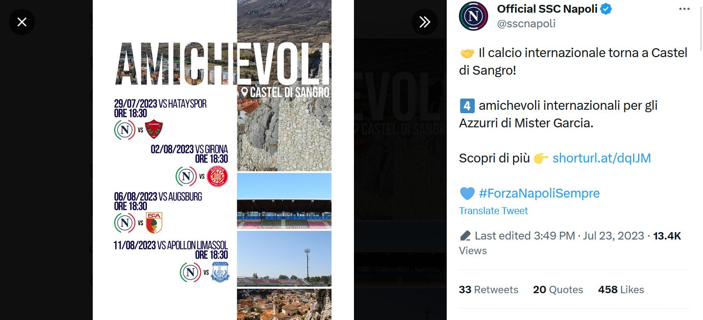 Napoli, programmate 4 amichevoli a Castel di Sangro