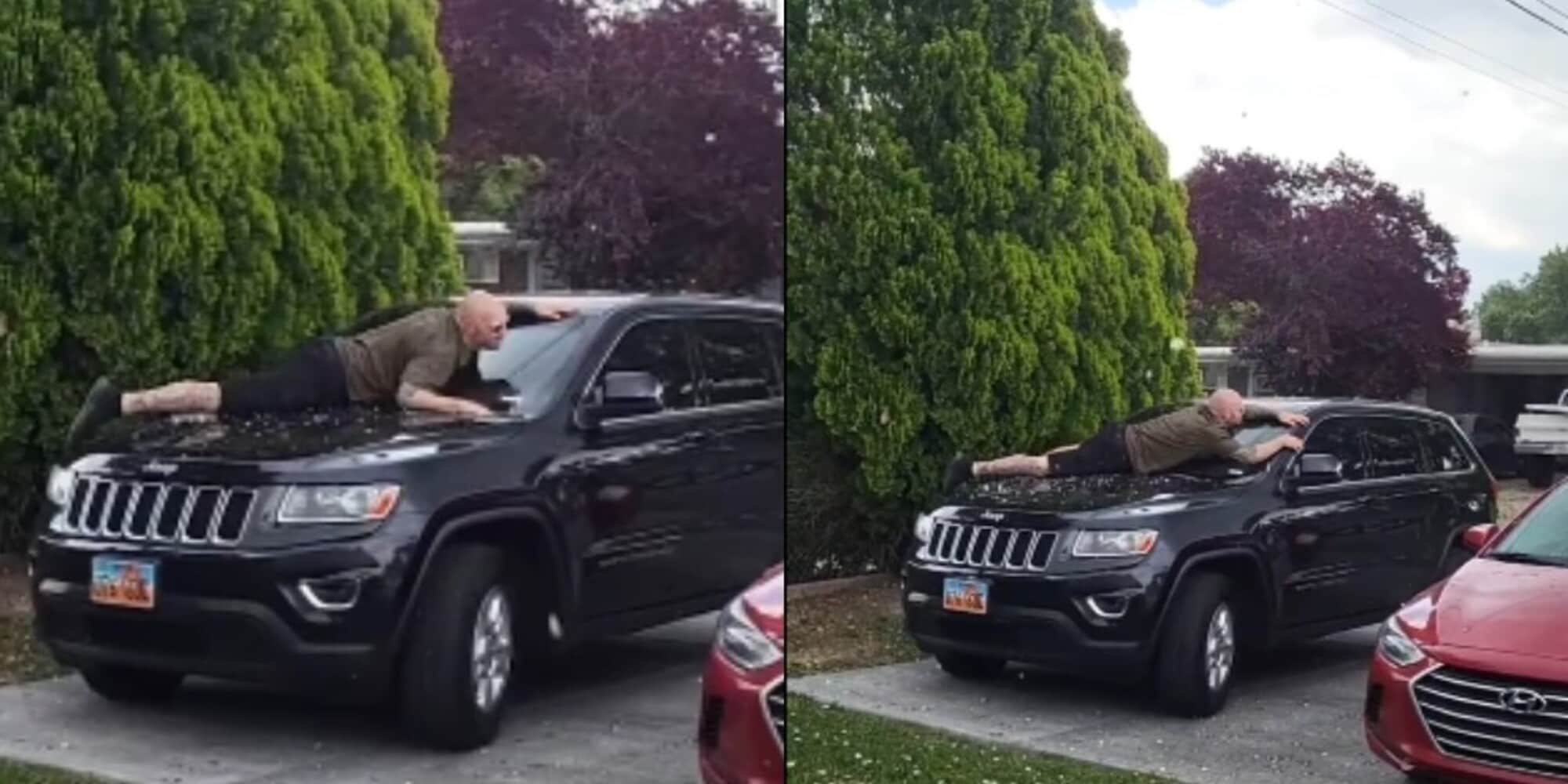 Violenta grandinata negli USA: si sdraia sull'auto per salvare il parabrezza