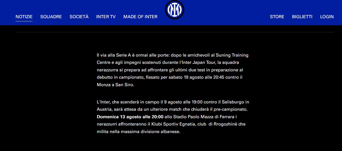 Ufficiale: domenica 13 agosto Inter-Egnatia