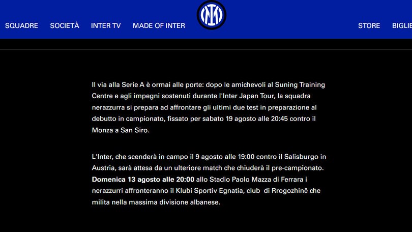 Ufficiale: domenica 13 agosto Inter-Egnatia