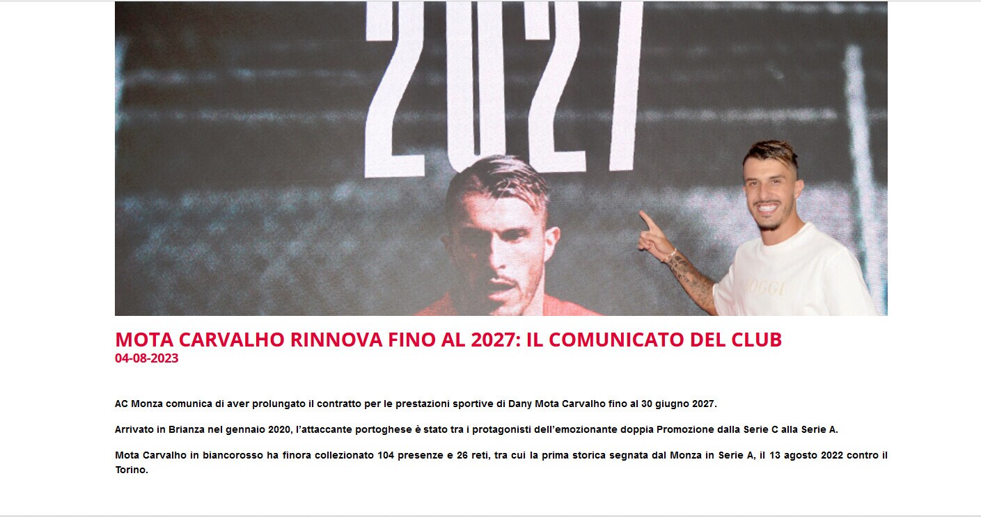 Monza-Dany Mota: ufficiale il rinnovo fino al 2027