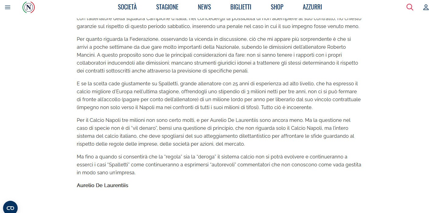 Lo sfogo di De Laurentiis: "La Figc deve pagare per avere Spalletti"