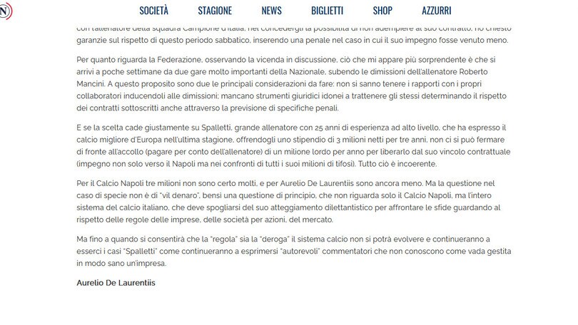 Lo sfogo di De Laurentiis: "La Figc deve pagare per avere Spalletti"