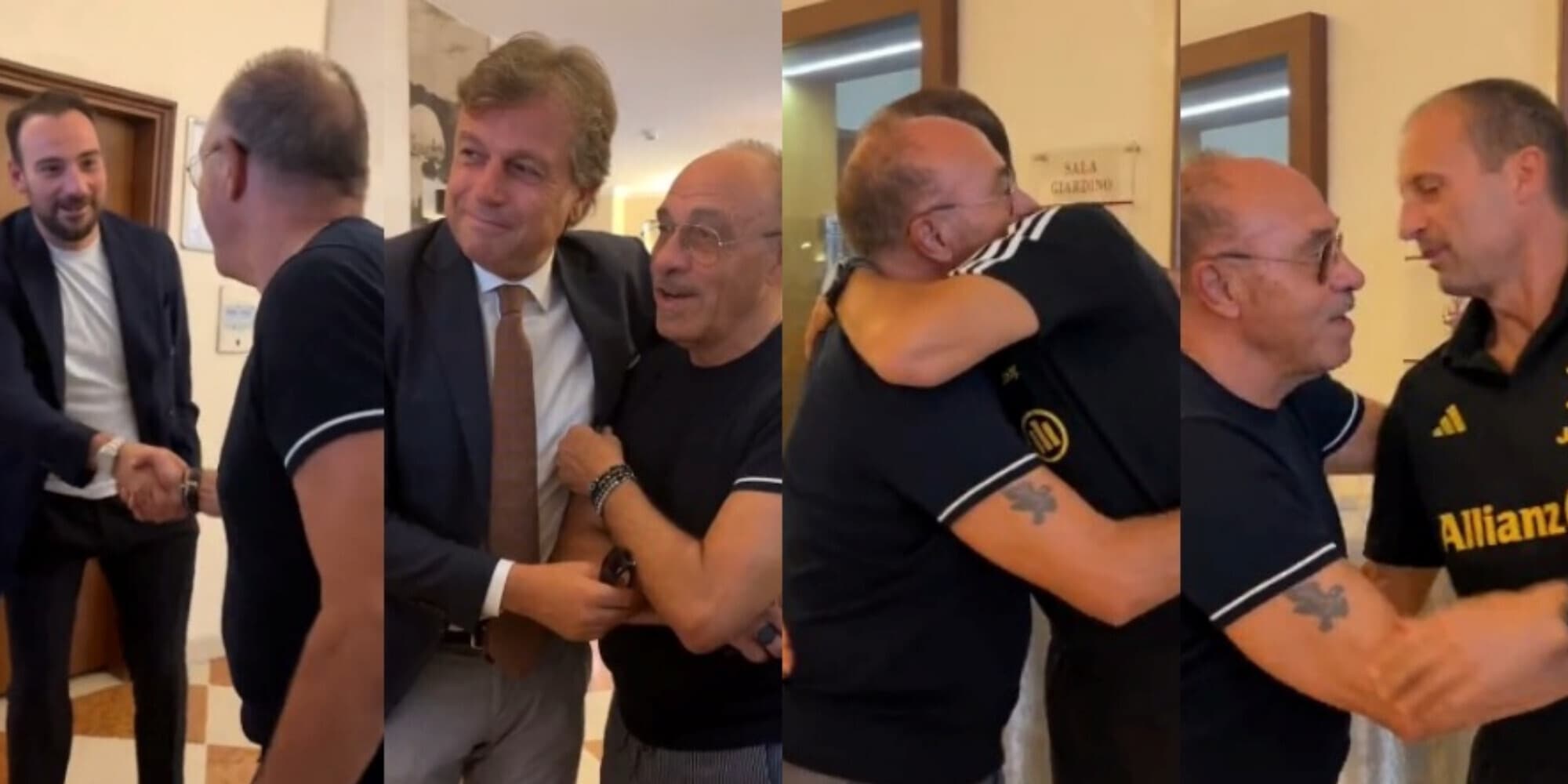 Causio, visita Juve: gli abbracci con Allegri, Giuntoli e Manna