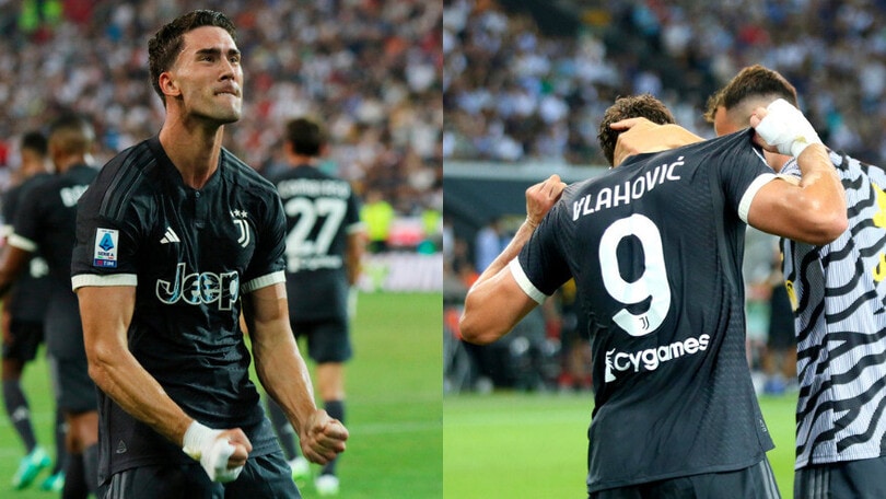 Udinese-Juve, Vlahovic segna e corre sotto la curva a mostrare il 9