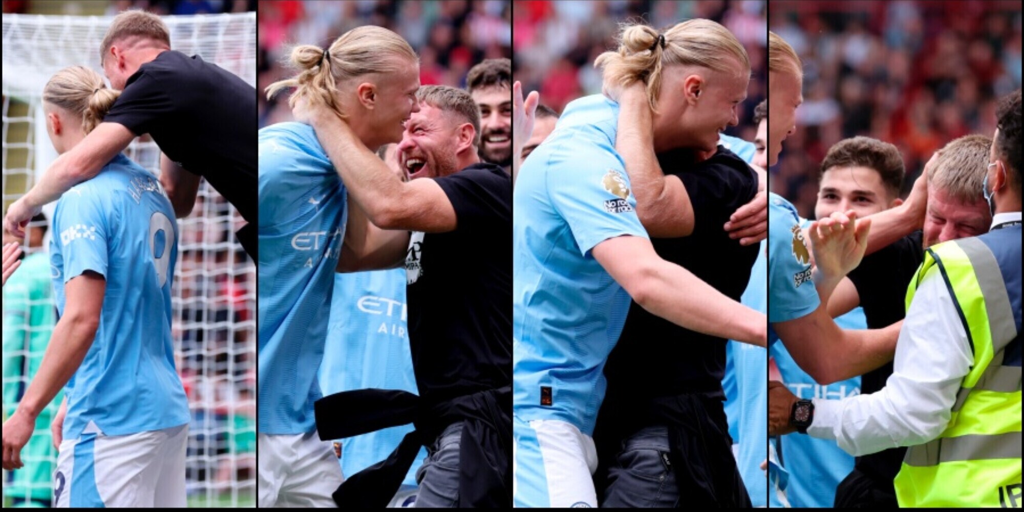 Haaland, gol e "assalto" di un tifoso del City in campo: il siparietto virale