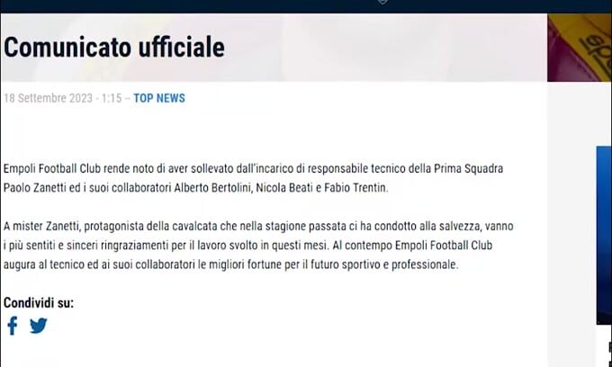 Empoli, è ufficiale: esonerato Paolo Zanetti