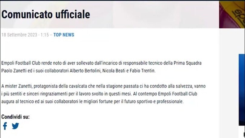 Empoli, è ufficiale: esonerato Paolo Zanetti