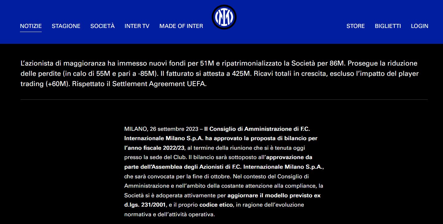Inter, risultati finanziari stagione 22-23 approvati dal Cda