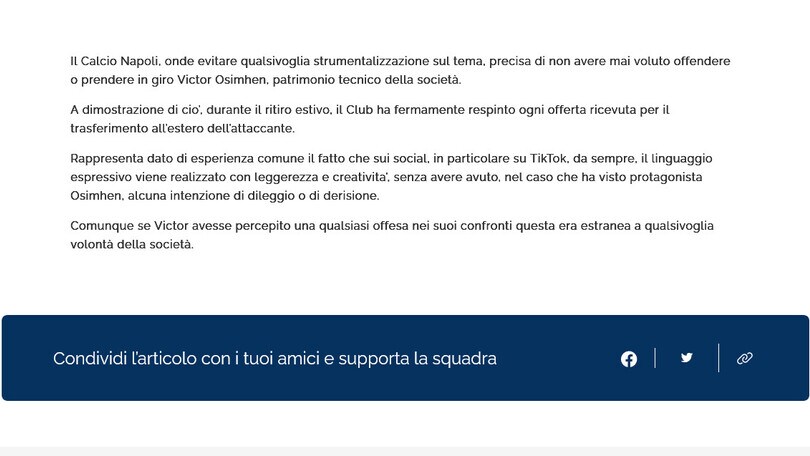 Napoli, caso Osimhen. Il chiarimento del club: "Mai voluto offendere"