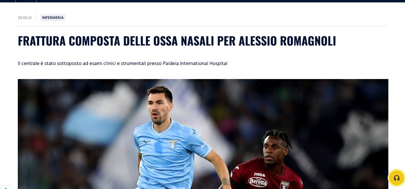 Lazio, stop per Romagnoli: frattura alle ossa nasali