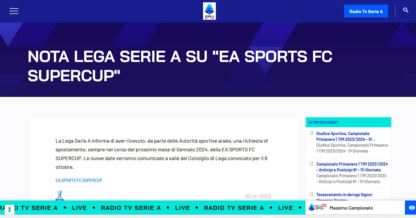 Cambiano le date per la Supercoppa Italiana