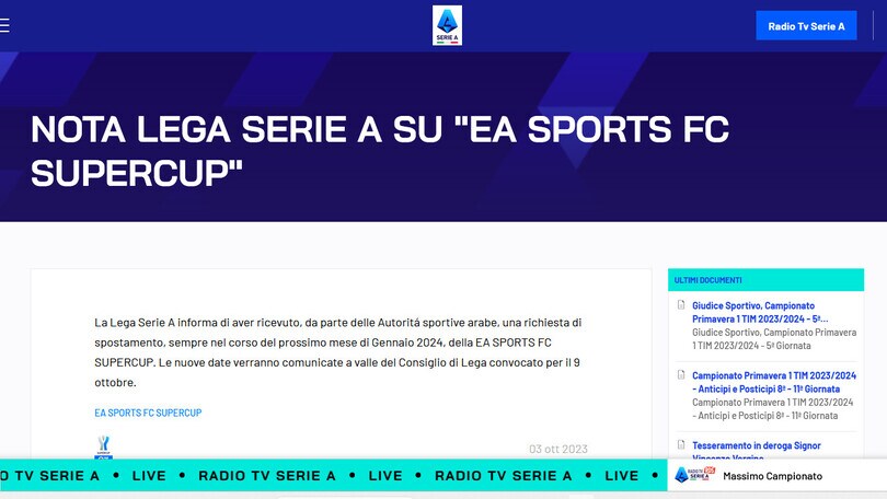 Cambiano le date per la Supercoppa Italiana