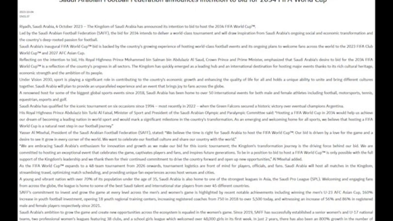 Mondiale 2034: l'Arabia Saudita presenta la sua candidatura