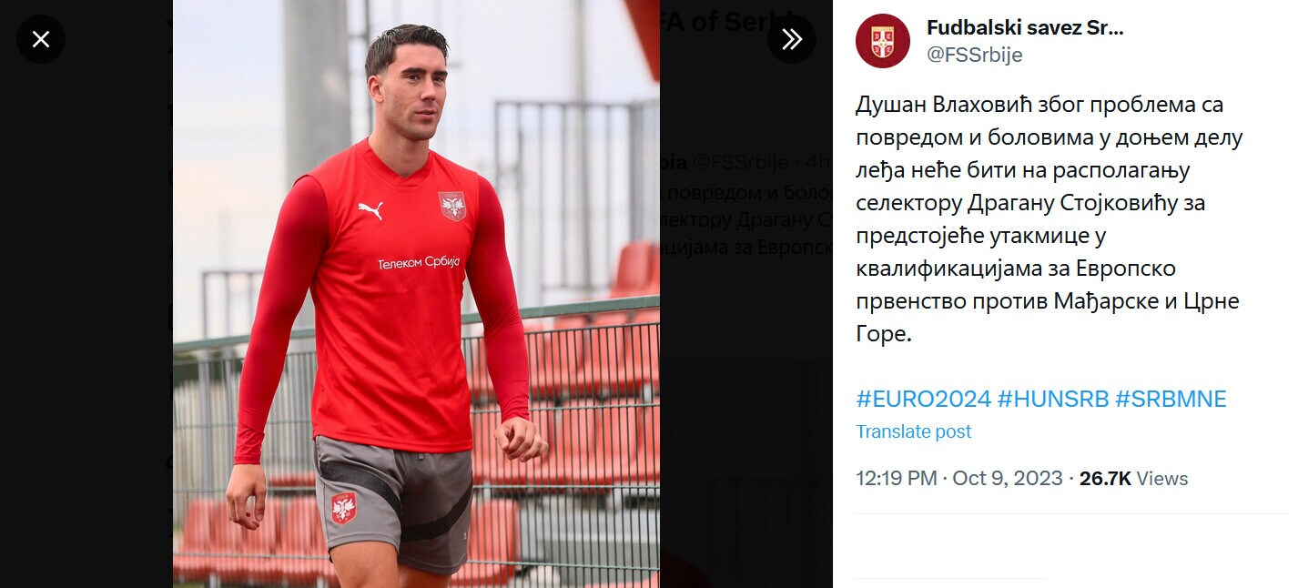 Serbia, niente sfide con Ungheria e Montenegro per Vlahovic