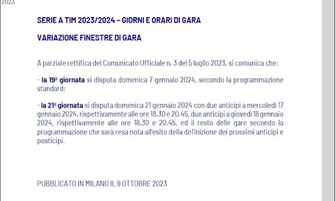 Calendario Serie A, slitta la Supercoppa e cambiano alcune date