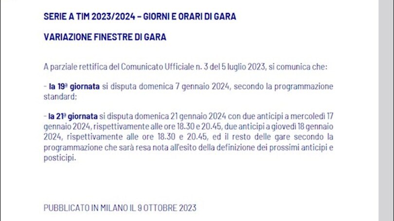 Calendario Serie A, slitta la Supercoppa e cambiano alcune date