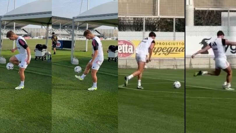 Magia di Nicolussi Caviglia, scatti e gol di Vlahovic: l'allenamento Juve