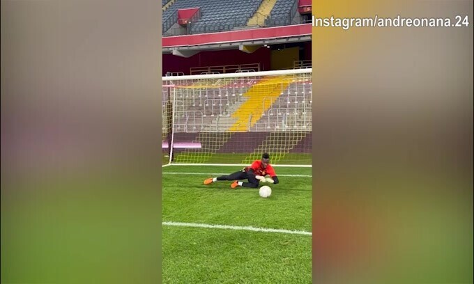 Camerun, l'allenamento tra i pali di Onana