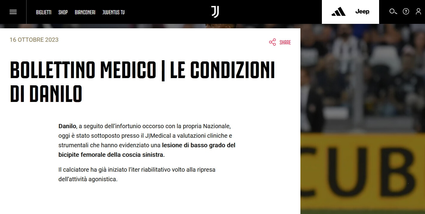 Juventus, Danilo si ferma: out 20 giorni, niente Milan