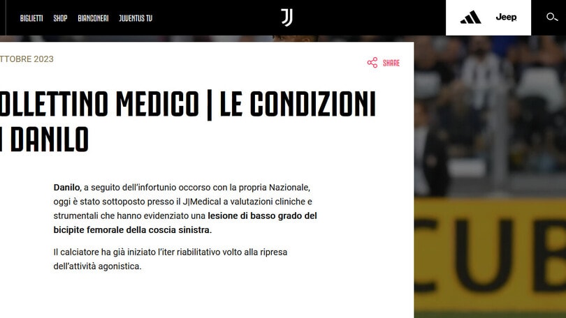 Juventus, Danilo si ferma: out 20 giorni, niente Milan