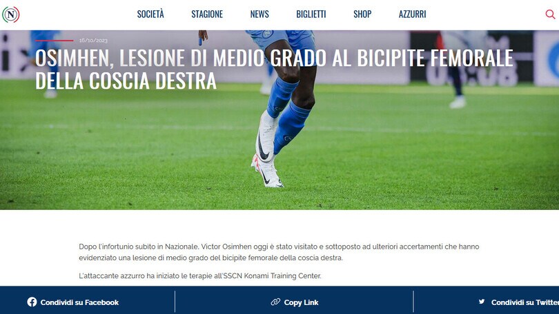 Napoli: Osimhen infortunato, fuori circa 1 mese