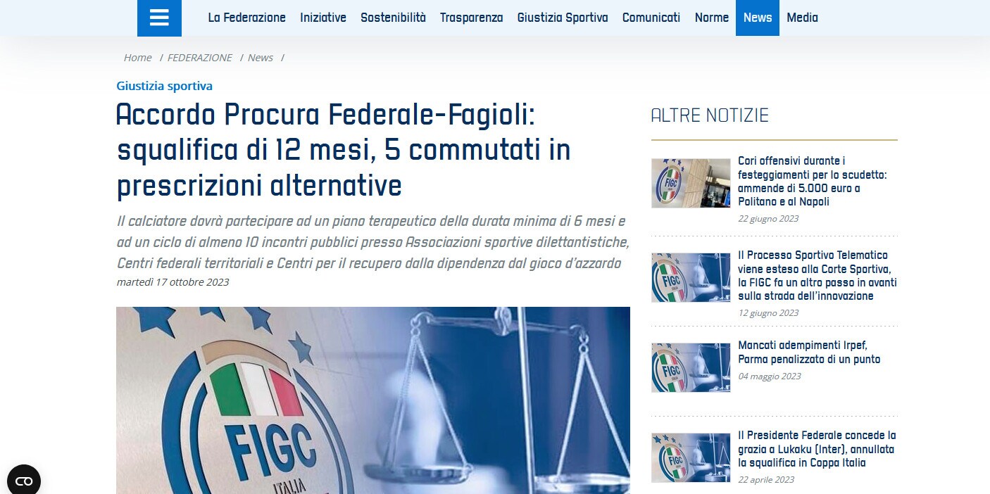 Juve, Fagioli patteggia: squalifica di 7 mesi