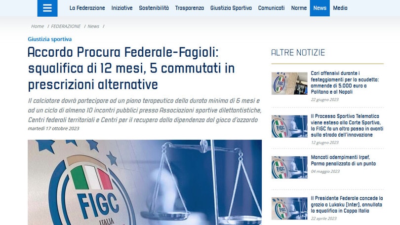 Juve, Fagioli patteggia: squalifica di 7 mesi