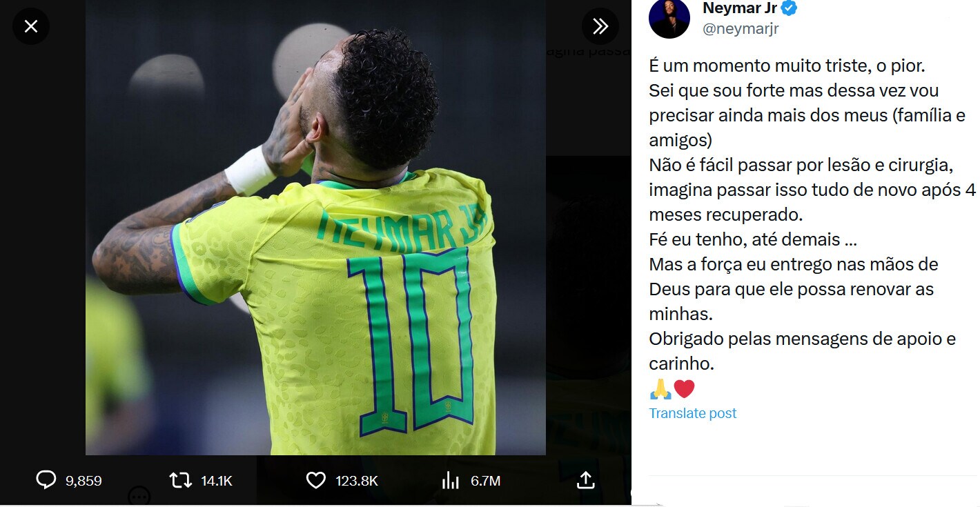 Neymar, rottura crociato anteriore per il brasiliano