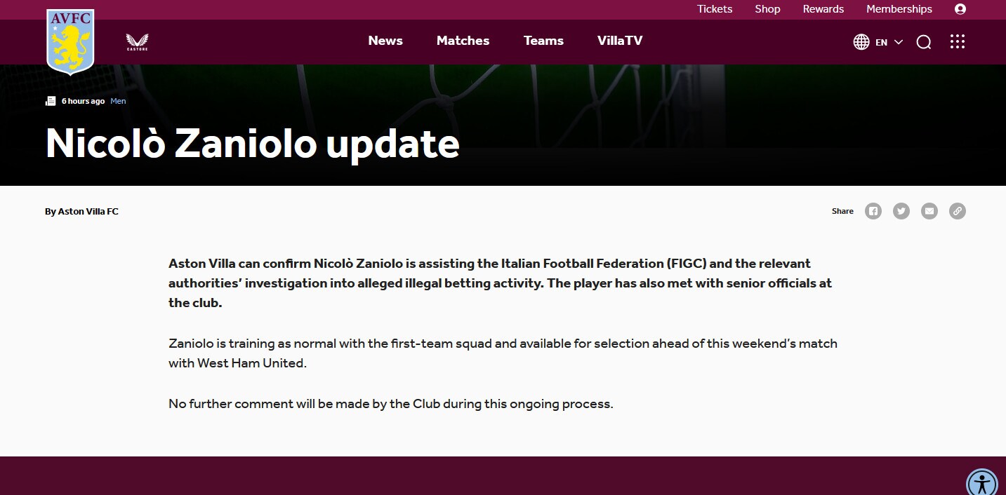 Caso scommesse: l'Aston Villa prende posizione su Zaniolo