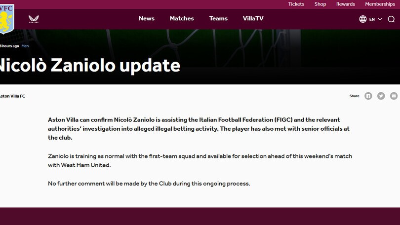 Caso scommesse: l'Aston Villa prende posizione su Zaniolo